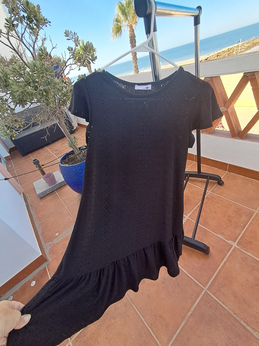 Women's Black Asymmetrical Eyelet Ruffle Dress